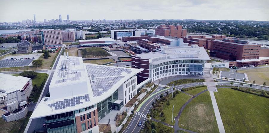 UMass Boston aerial shot of solar panels